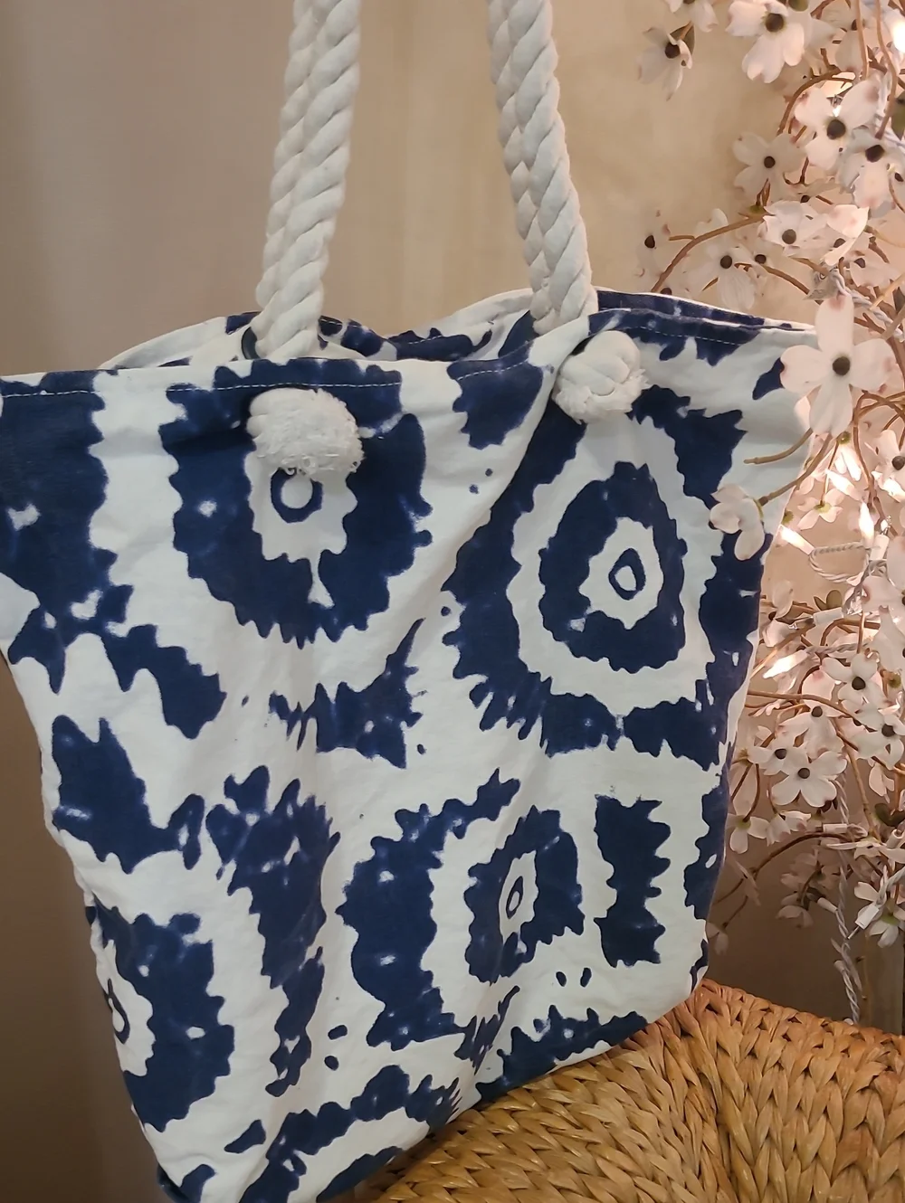 Navy and White Rope-Handle Tote Bag